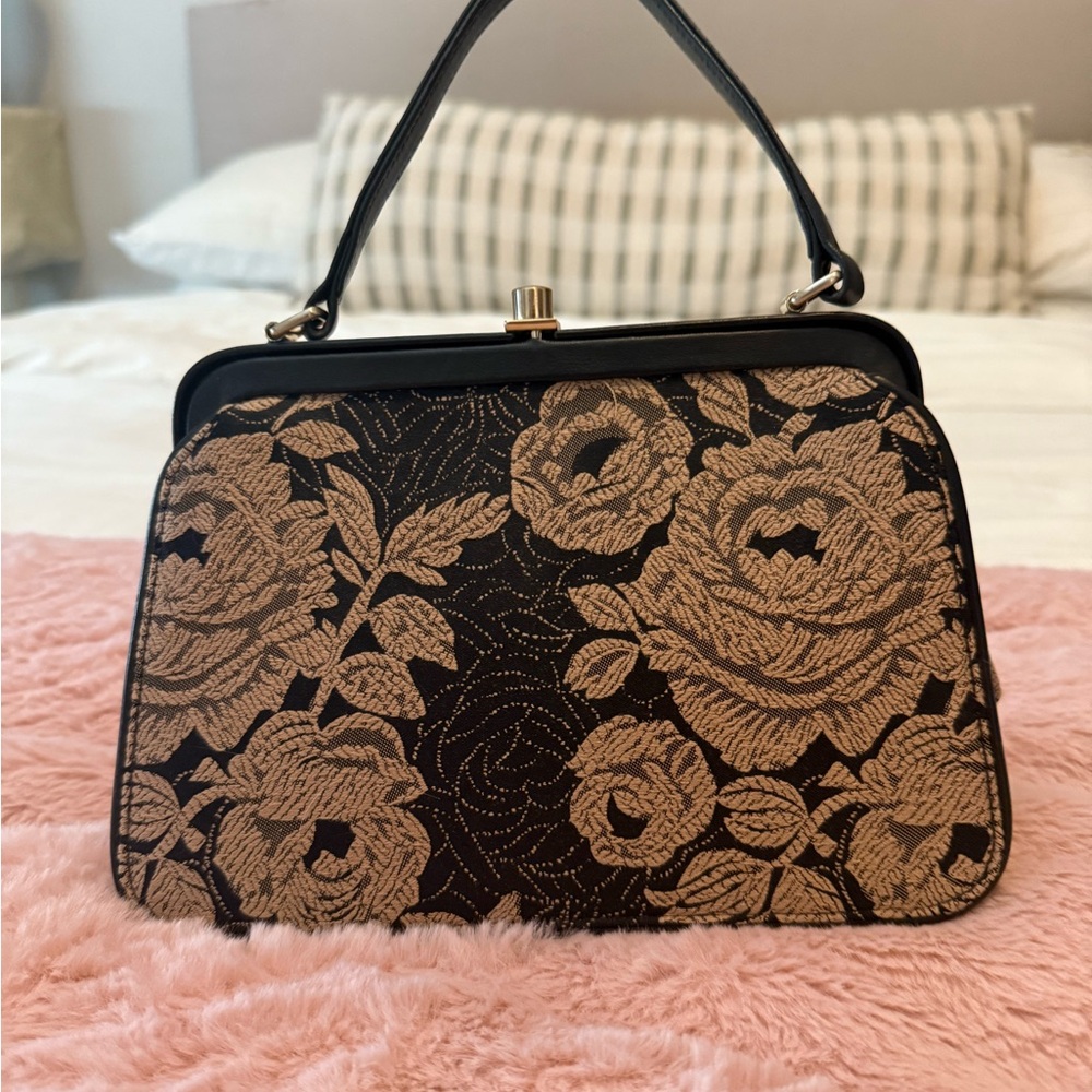Ann Taylor Black and Gold Floral Clutch